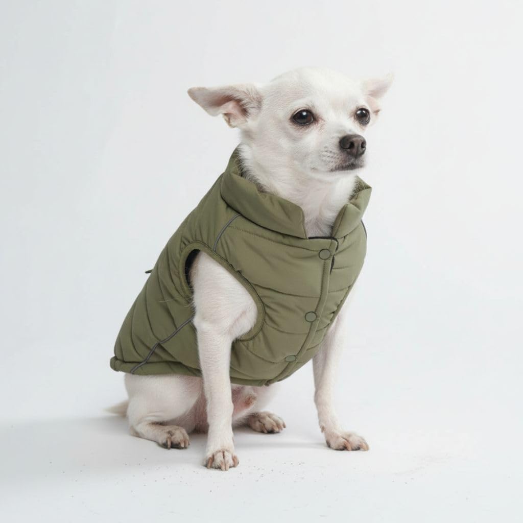 Spark Paws olive dog winter jacket front view showing warm fleece lining for chilly walks.
