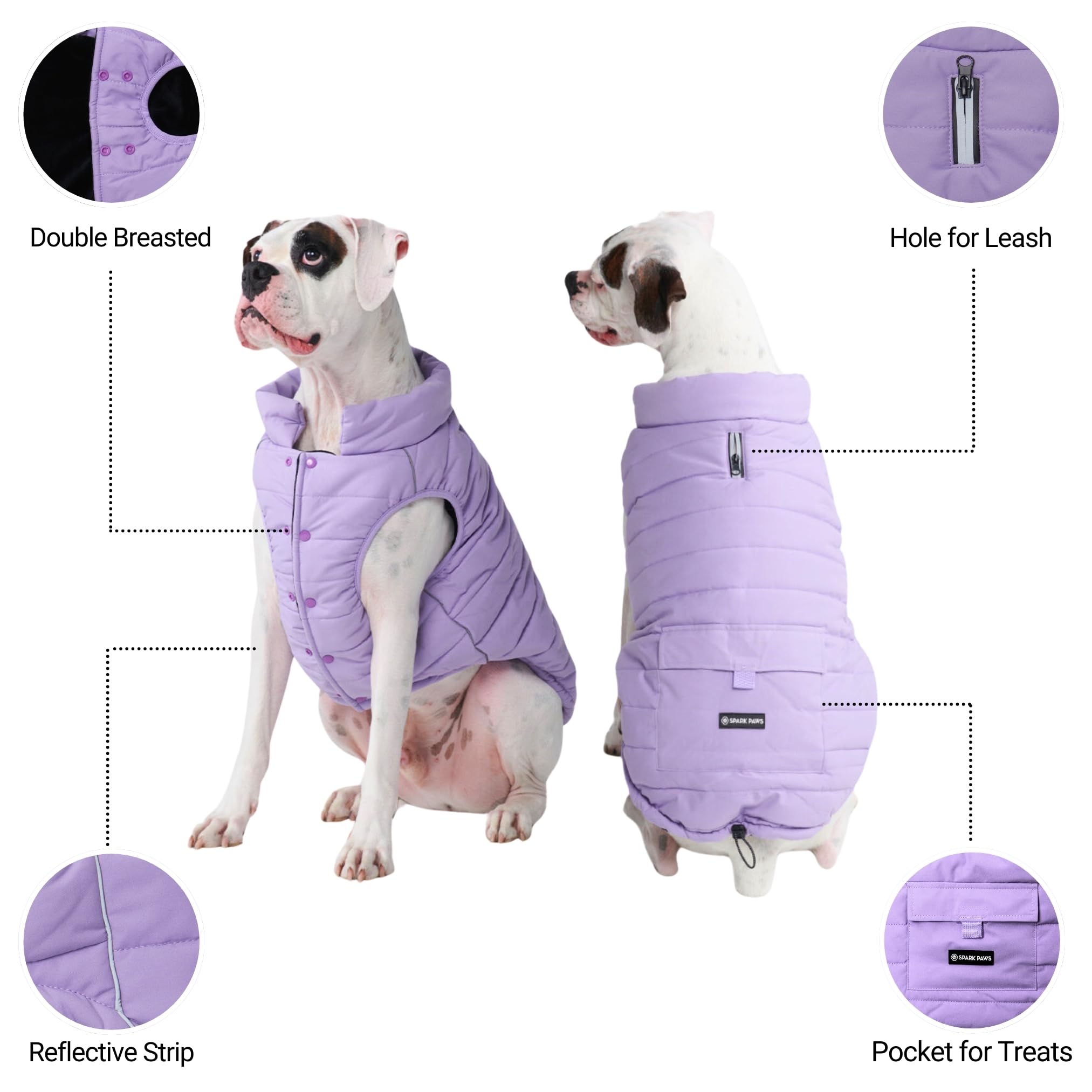 Spark Paws dog winter jacket rear view highlights reflective straps for night visibility