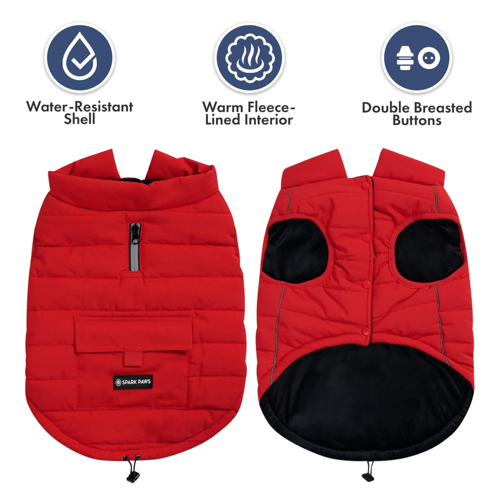 Spark Paws dog winter jacket side view with adjustable toggles for secure fit.