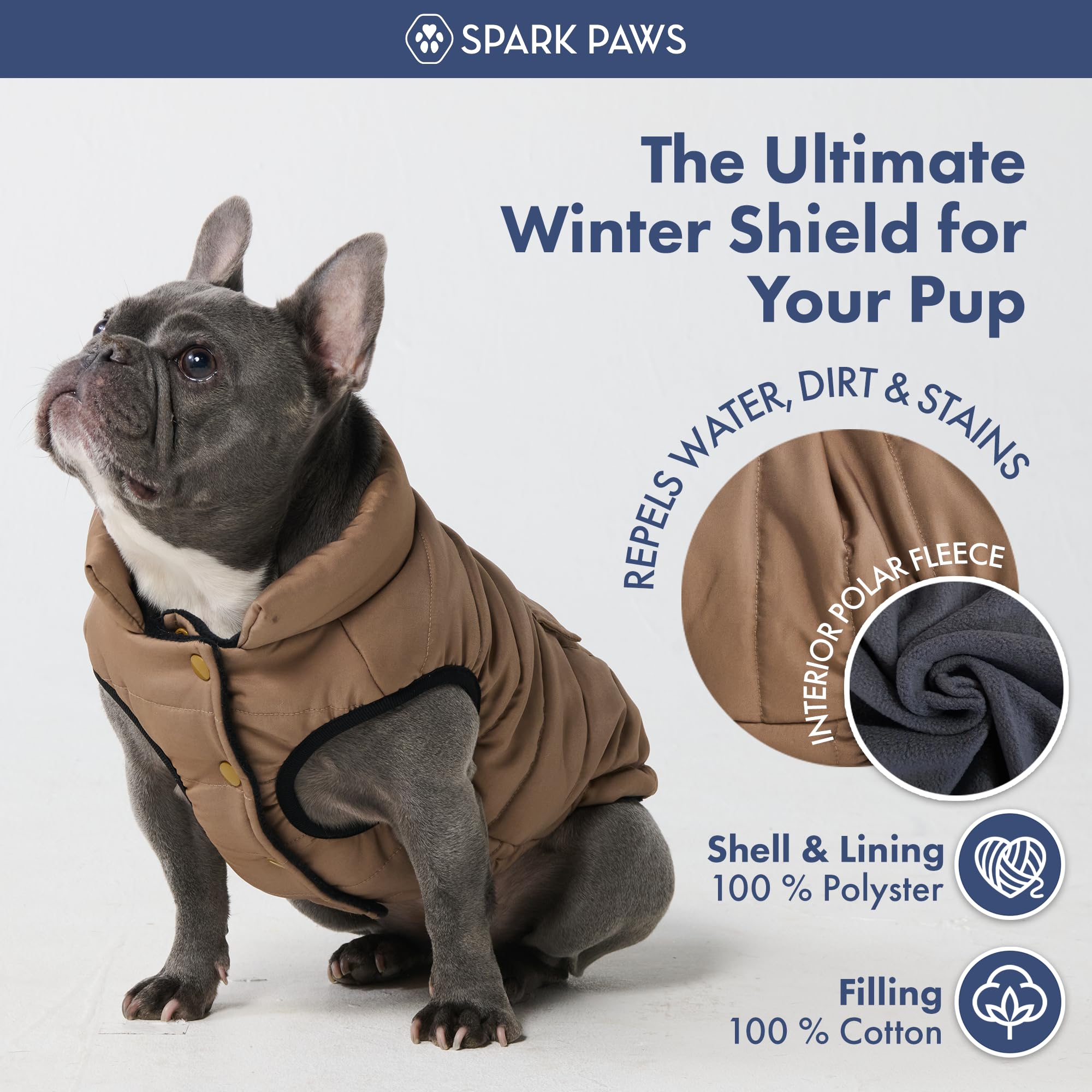Spark Paws dog winter jacket windproof exterior shields against gusts and snow
