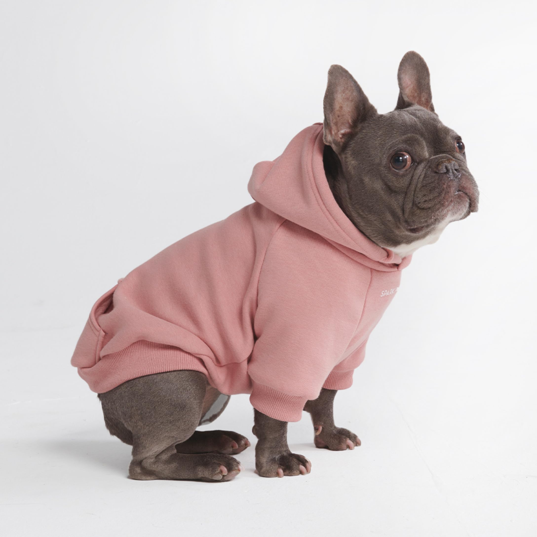 Spark Paws dusty-pink dog hoodie front view highlights butter-stretch fabric for flexible daily wear