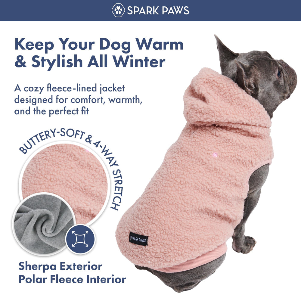 Spark Paws fleece dog jacket hood closeup shows secure button-on hood for windy days.
