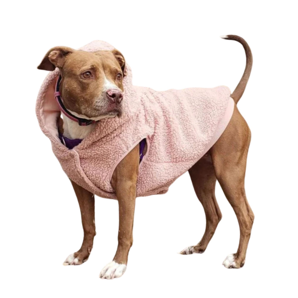 Spark Paws fleece dog jacket in pink, front view, cozy warmth for winter walks.