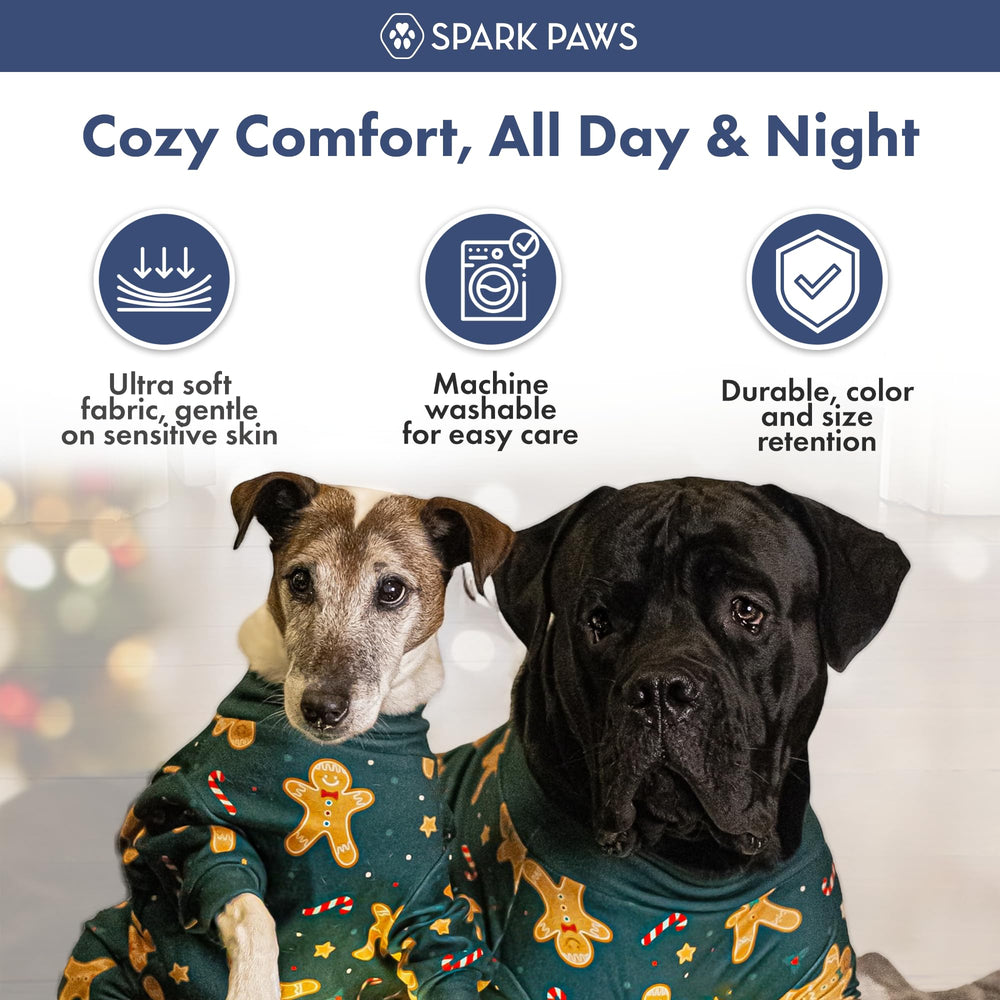 Spark Paws Gingerbread Man Pajama dog-wearing image highlights cozy hug-like interior