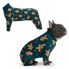 Spark Paws Gingerbread Man pajama front view showing 4-way stretch comfort.