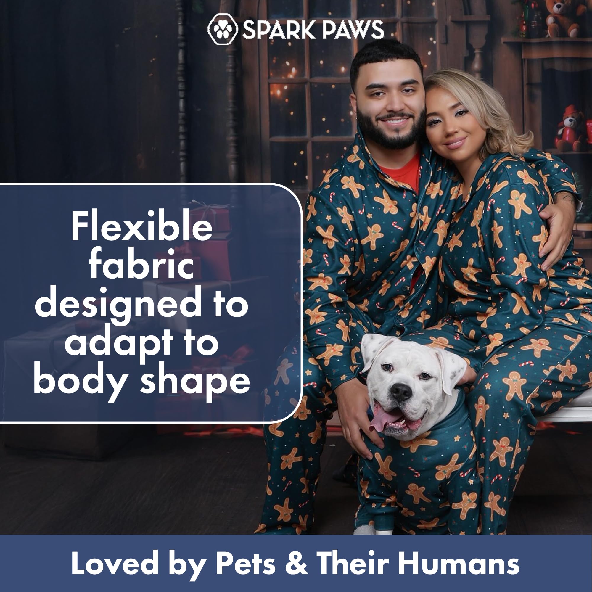 Spark Paws Gingerbread Man Pajama size chart demonstrates inclusive range for multiple breeds