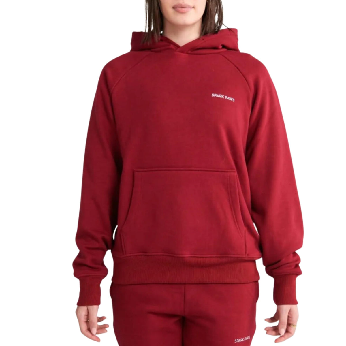 Spark Paws Human Hoodie burgundy front view with buttery-soft fabric for all-day comfort