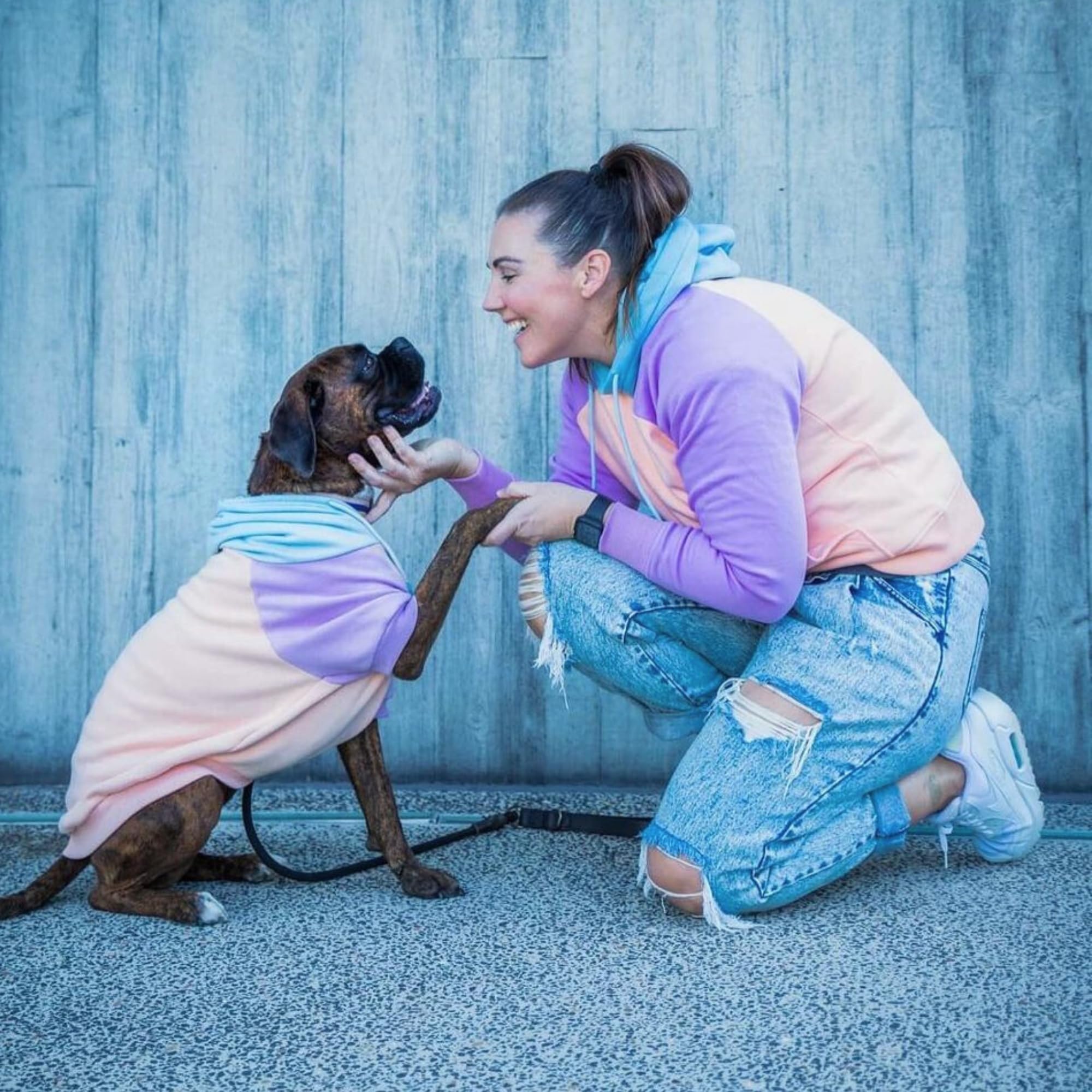 Spark Paws Human Hoodie cotton candy hood with drawcord detail showing adjustable warmth and snug fit.