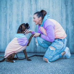 Spark Paws Human Hoodie cotton candy hood with drawcord detail showing adjustable warmth and snug fit.