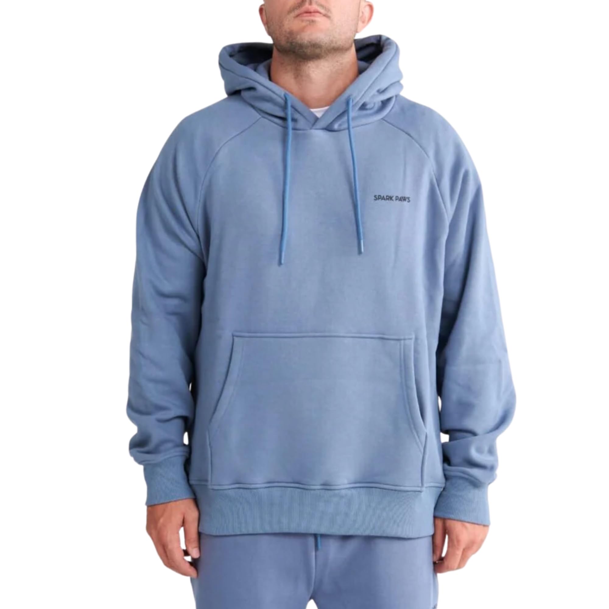 Spark Paws human hoodie front view in slate blue, cozy everyday comfort for chilly days.