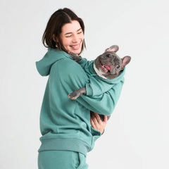 Spark Paws human hoodie teal hood with drawcord demonstrates adjustable warmth for chilly days.