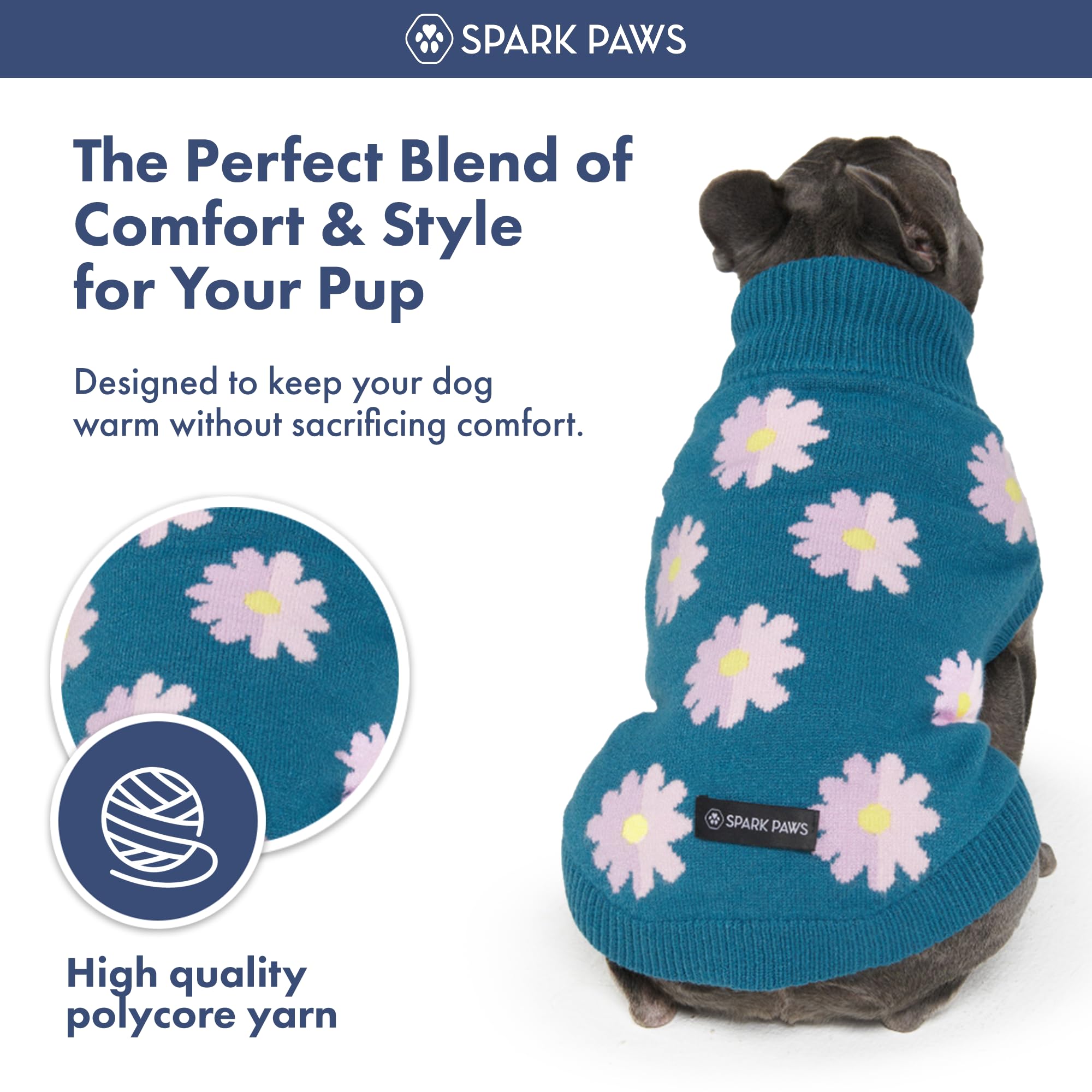 Spark Paws Knit Dog Sweater back view shows coverage for cold days.