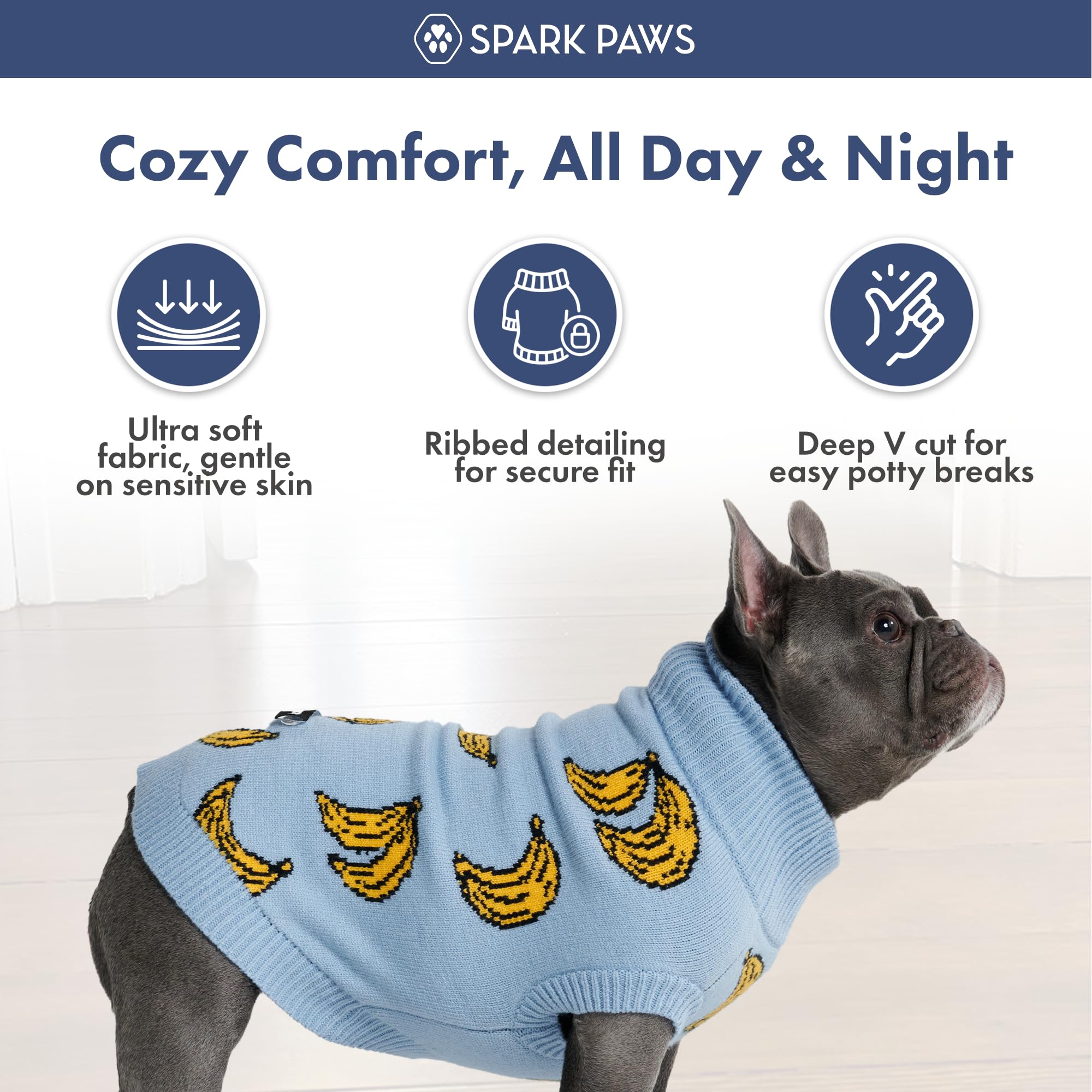 Spark Paws Knit Dog Sweater care-instructions graphic emphasizes machine-wash convenience.