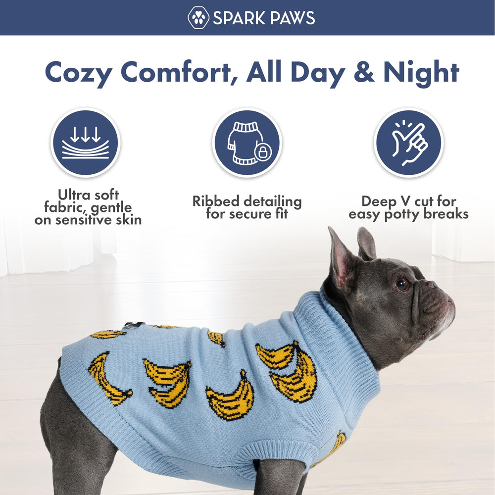 Spark Paws Knit Dog Sweater care-instructions graphic emphasizes machine-wash convenience.