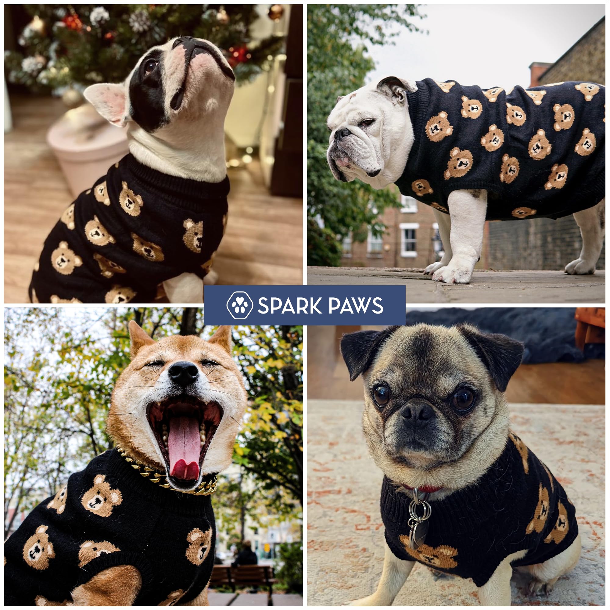 Spark Paws Knit Dog Sweater worn by a dog demonstrates cozy, easy-to-wear warmth.
