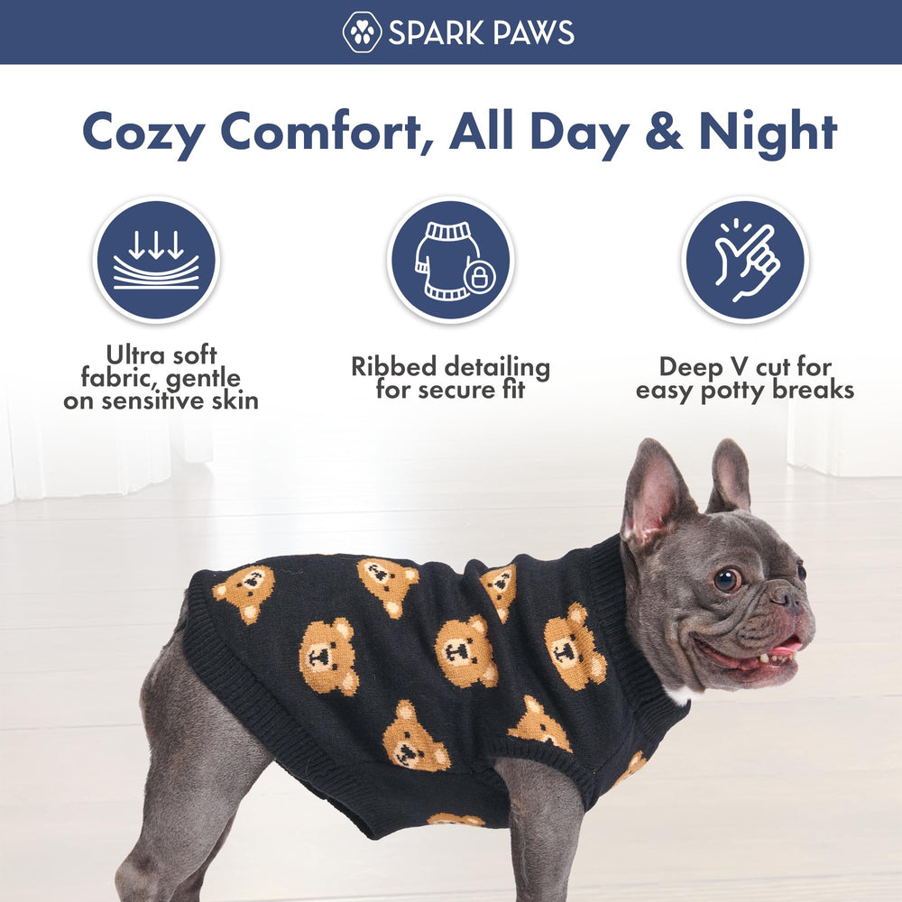 Spark Paws Knit Dog Sweater easy-care label highlights machine wash convenience.