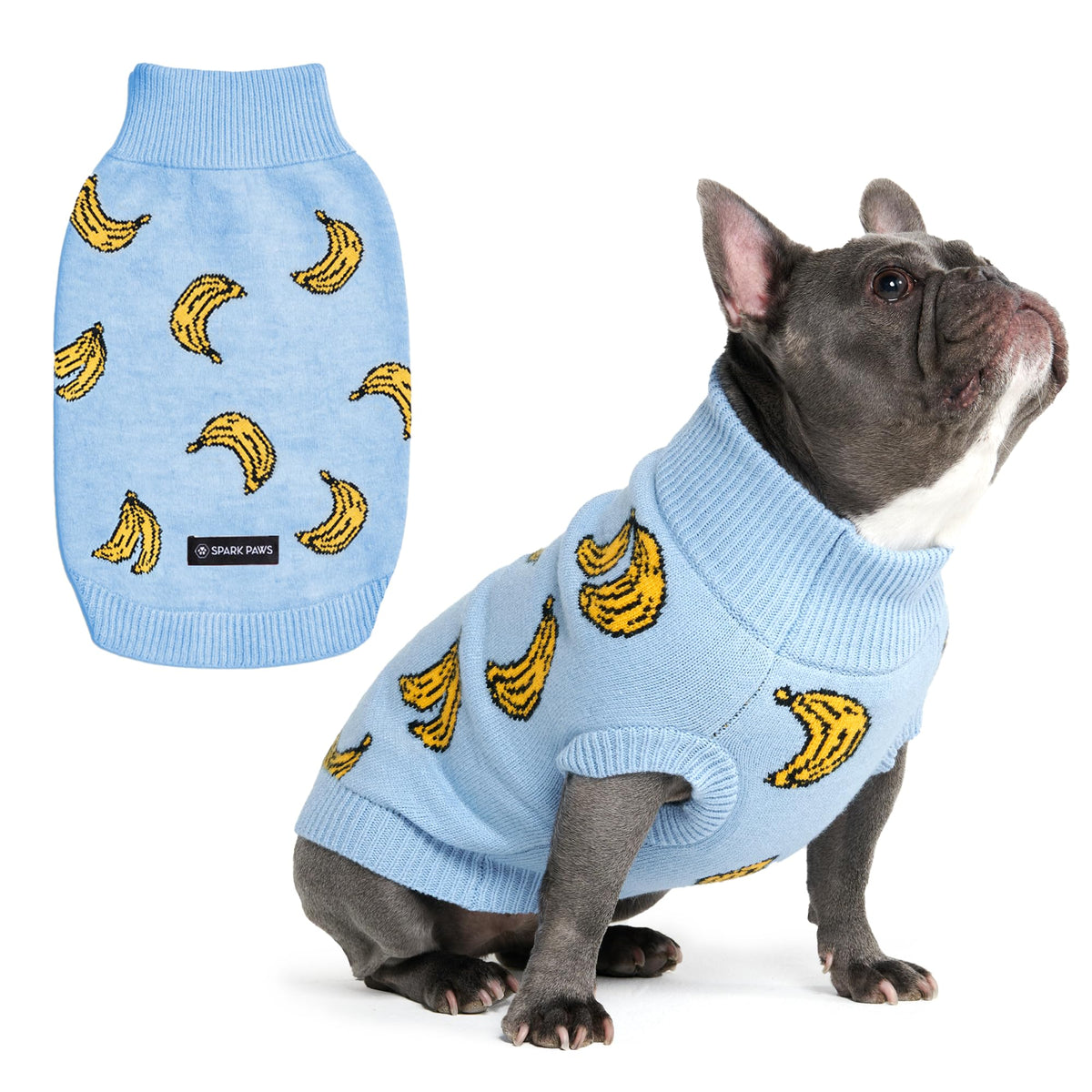 Spark Paws Knit Dog Sweater front-view Banana knit offers cozy warmth for chilly walks.