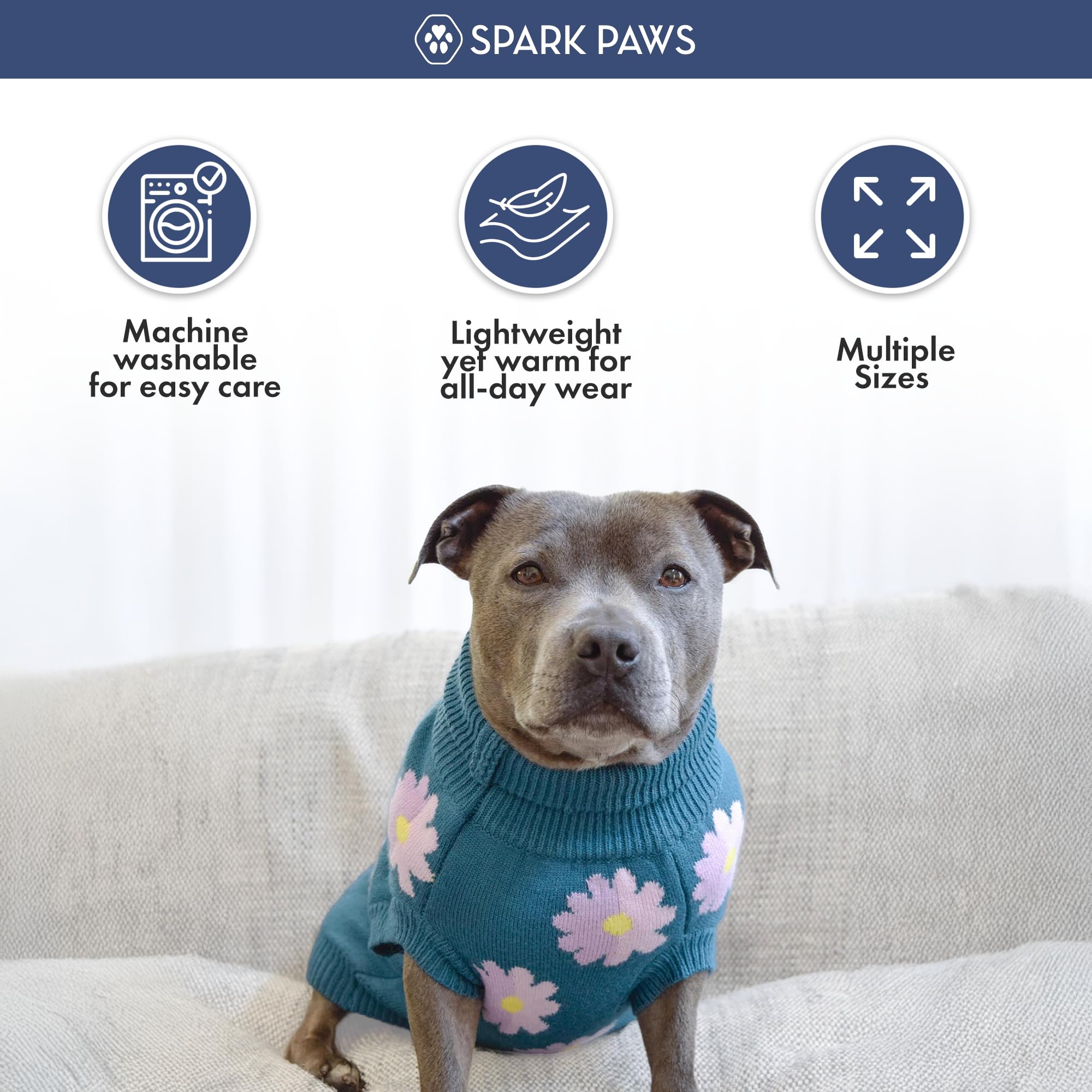 Spark Paws Knit Dog Sweater front view highlights deep V-cut for easy potty breaks.