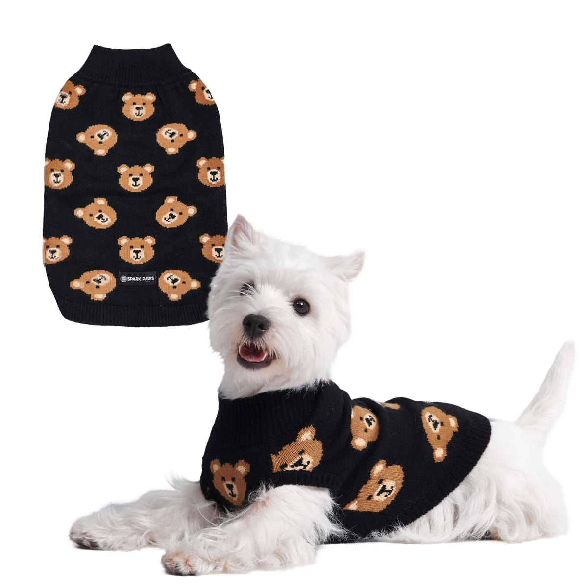 Spark Paws Knit Dog Sweater front view keeps dogs warm during winter strolls.
