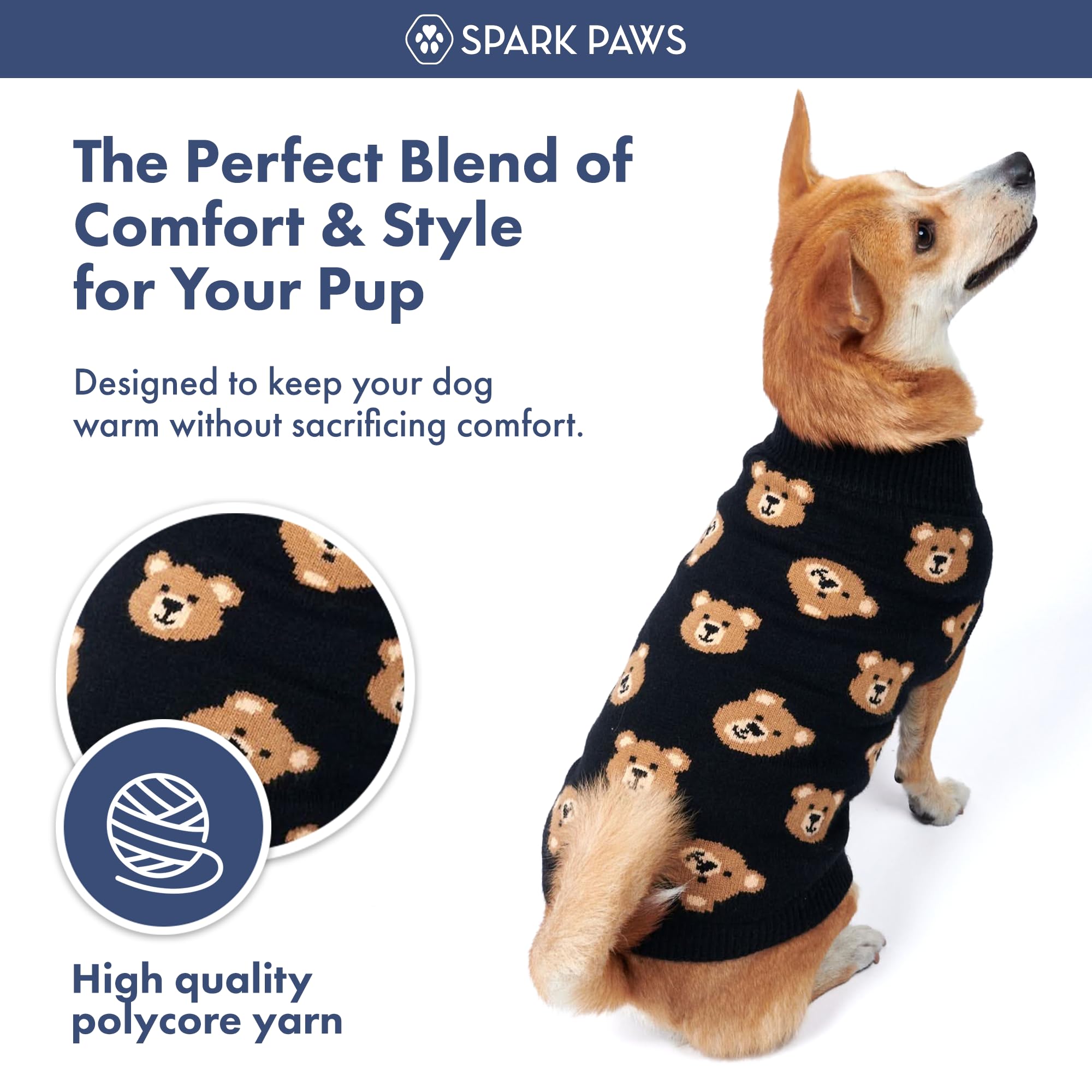Spark Paws Knit Dog Sweater stretch-fit detail demonstrates flexible, comfy fit.