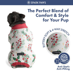 Spark Paws Mistletoe onesie side profile enables easy movement.