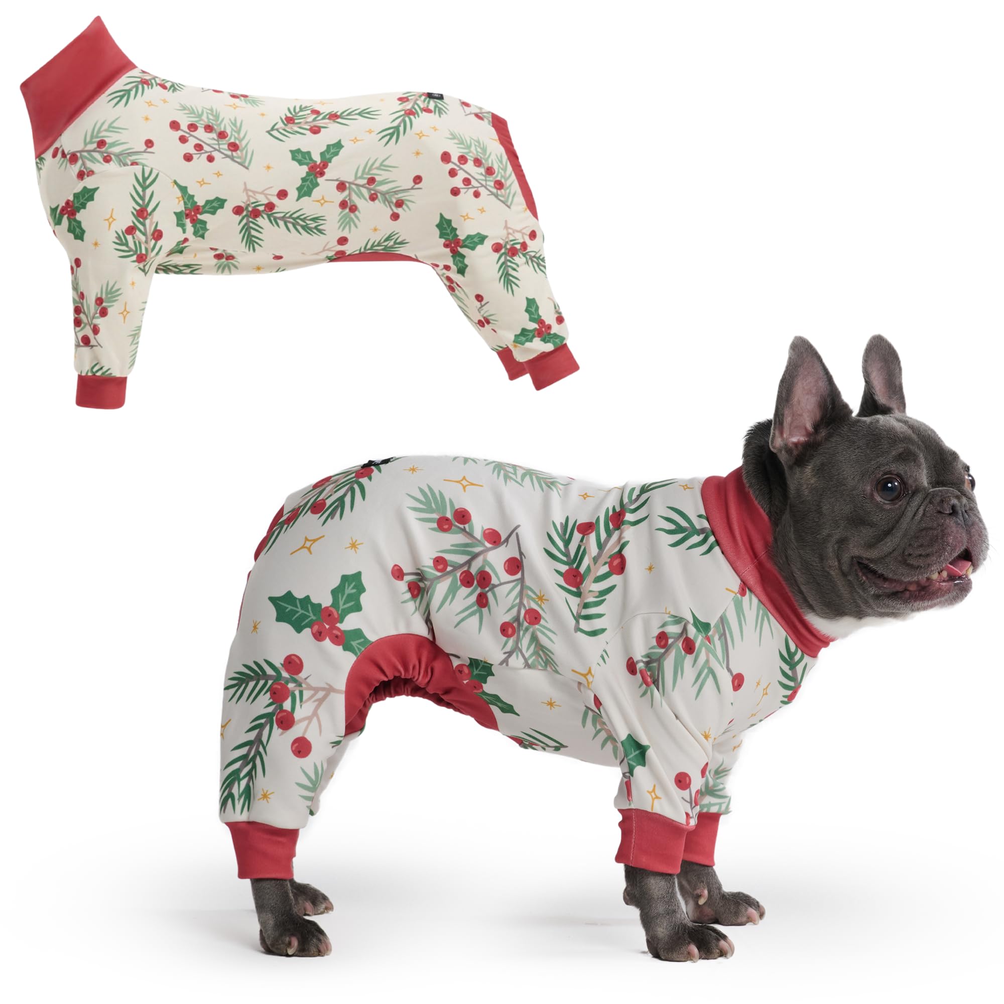 Spark Paws Mistletoe XL dog pajama on dog for cozy warmth.