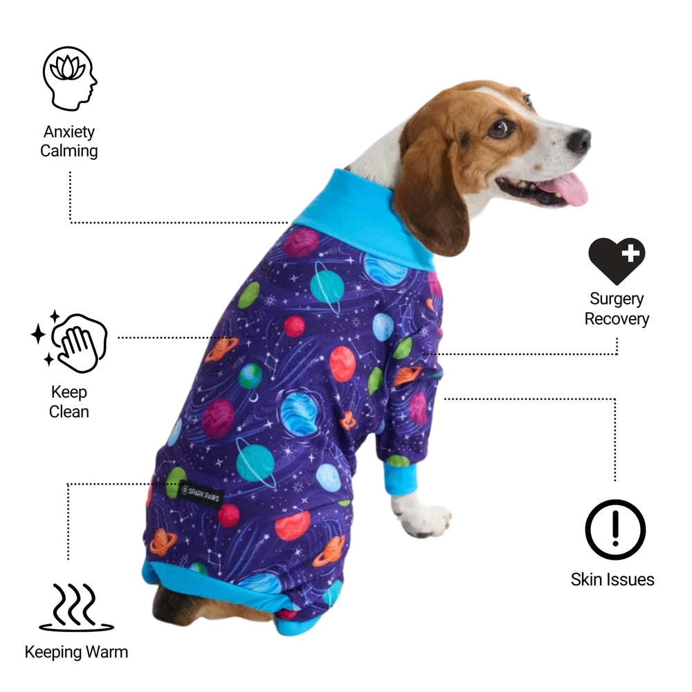 Spark Paws Planets L pajama close-fit demonstrates precise sizing for dogs.