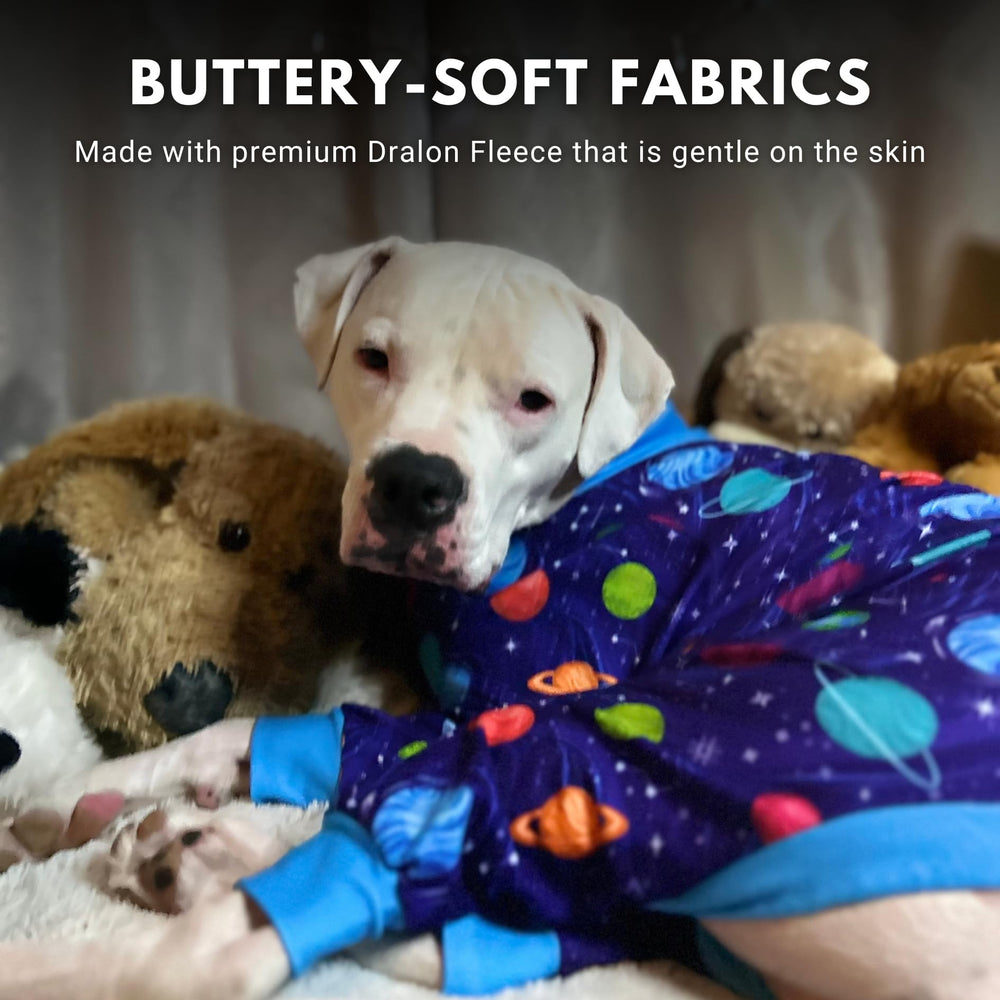Spark Paws Planets L pajama dog wearing indoors for restful nights.