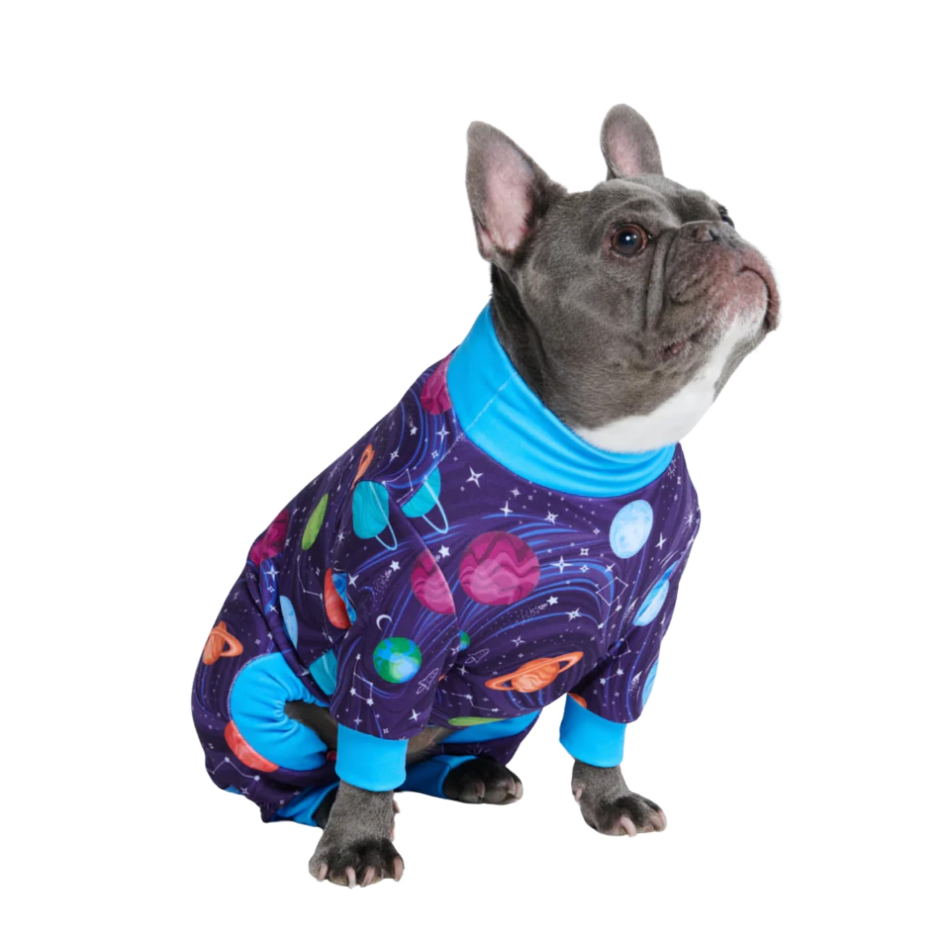 Spark Paws Planets L pajama front view with ultra-soft fabric and four-way stretch for all breeds.