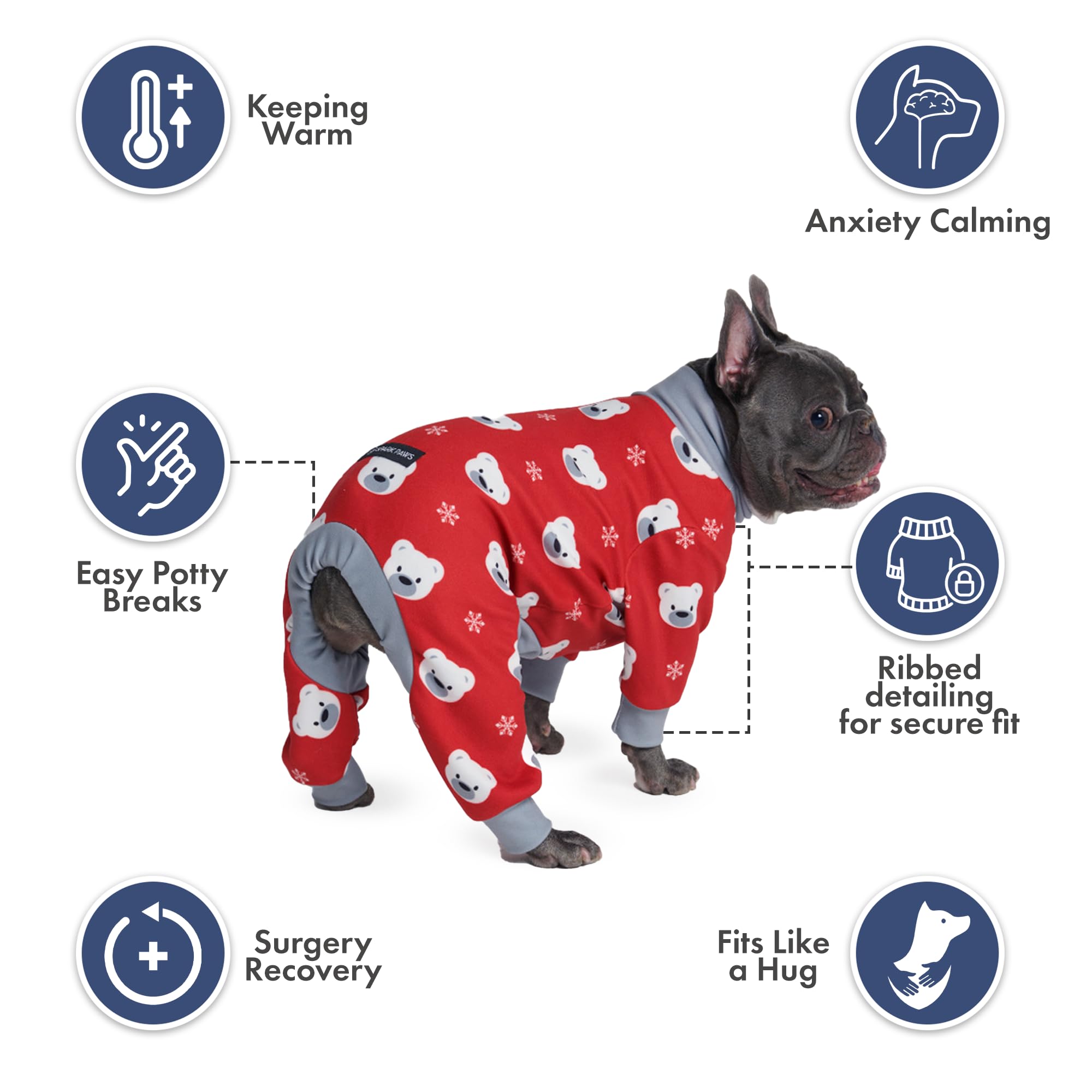 4-way stretch detail on Spark Paws Polar Bear XL pajama for freedom of movement.