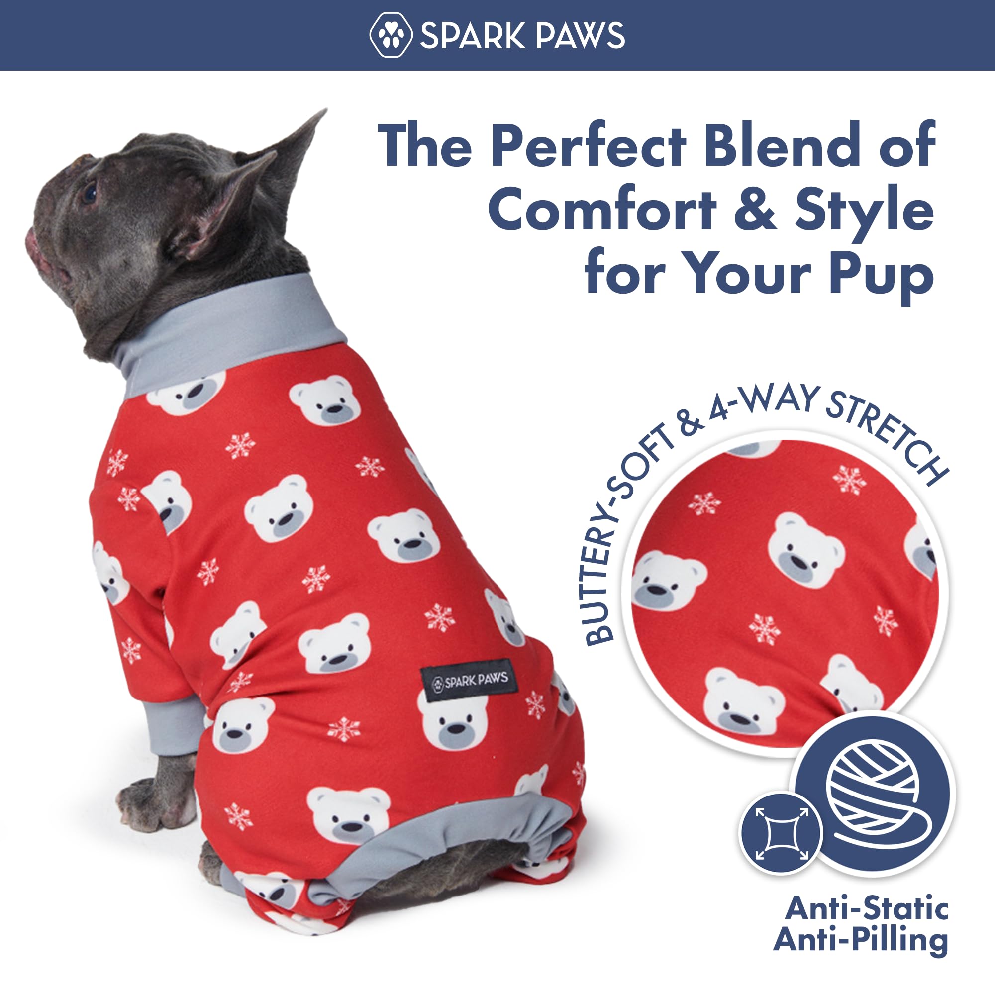 Spark Paws Polar Bear XL pajama worn by dog, relaxed fit and easy potty access.