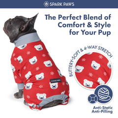 Spark Paws Polar Bear XL pajama worn by dog, relaxed fit and easy potty access.