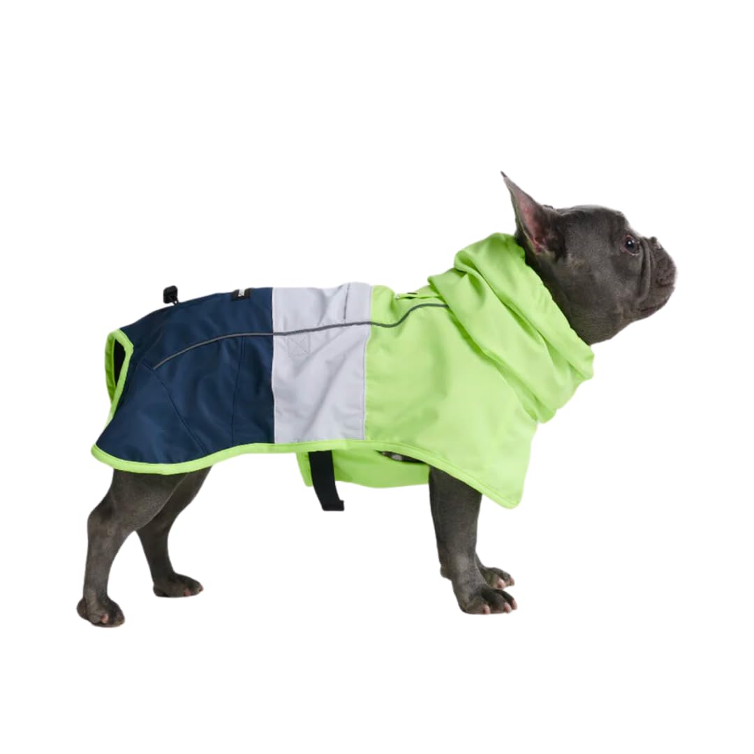 Spark Paws raincoat front view provides full-body coverage to keep dogs dry.