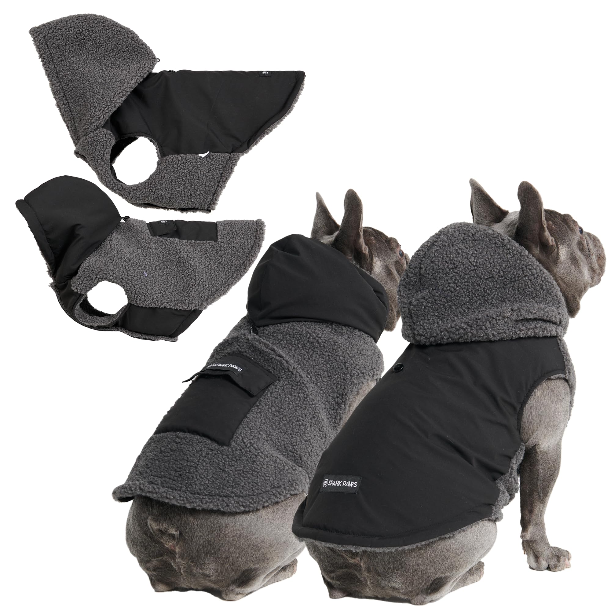 Spark Paws reversible fleece dog jacket front view showing warm outer and cozy inner fleece for cold walks