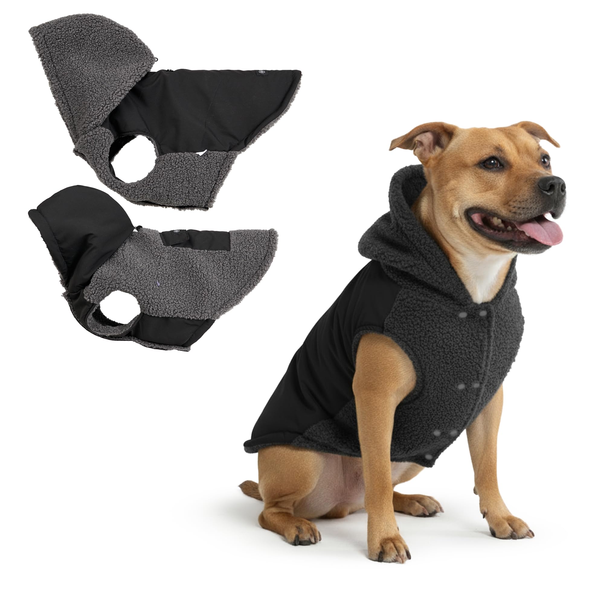 Spark Paws reversible fleece dog jacket on dog provides warm winter comfort during walks