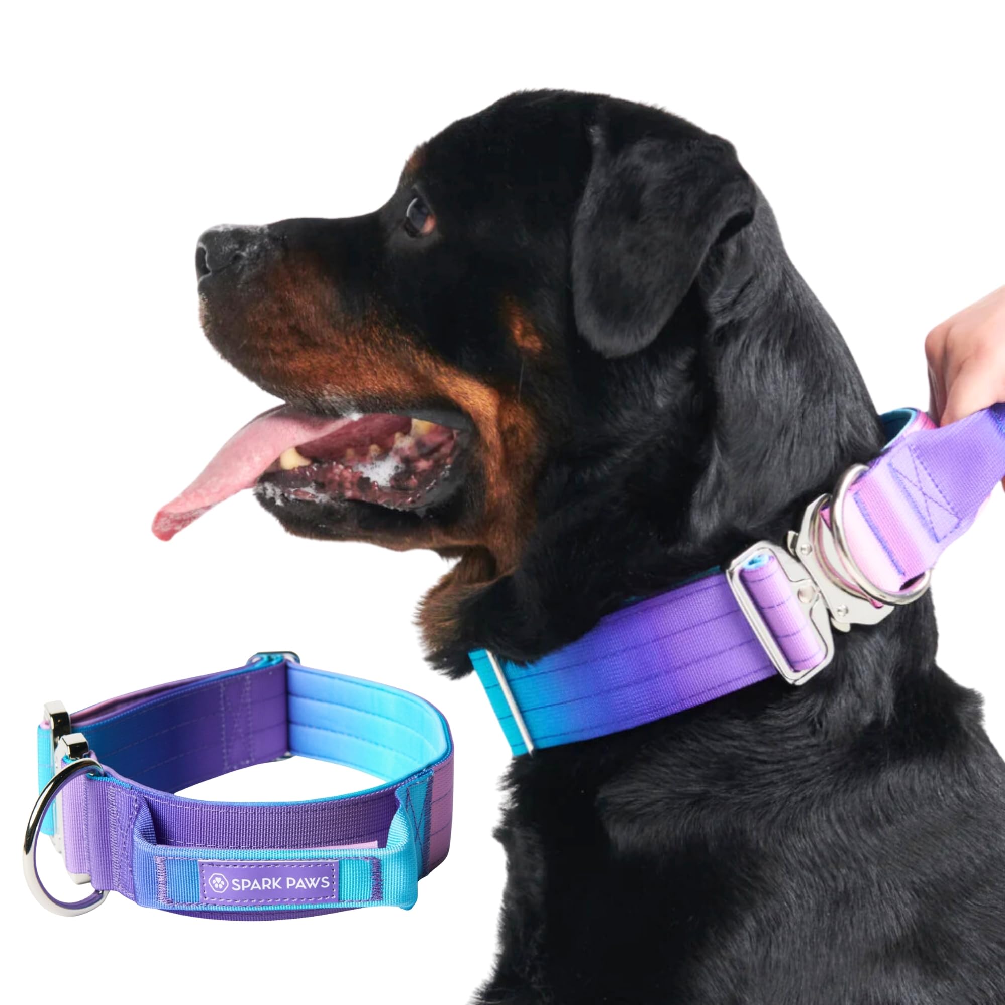 Spark Paws Tactical Dog Collar buckle close-up shows secure hardware for safety.