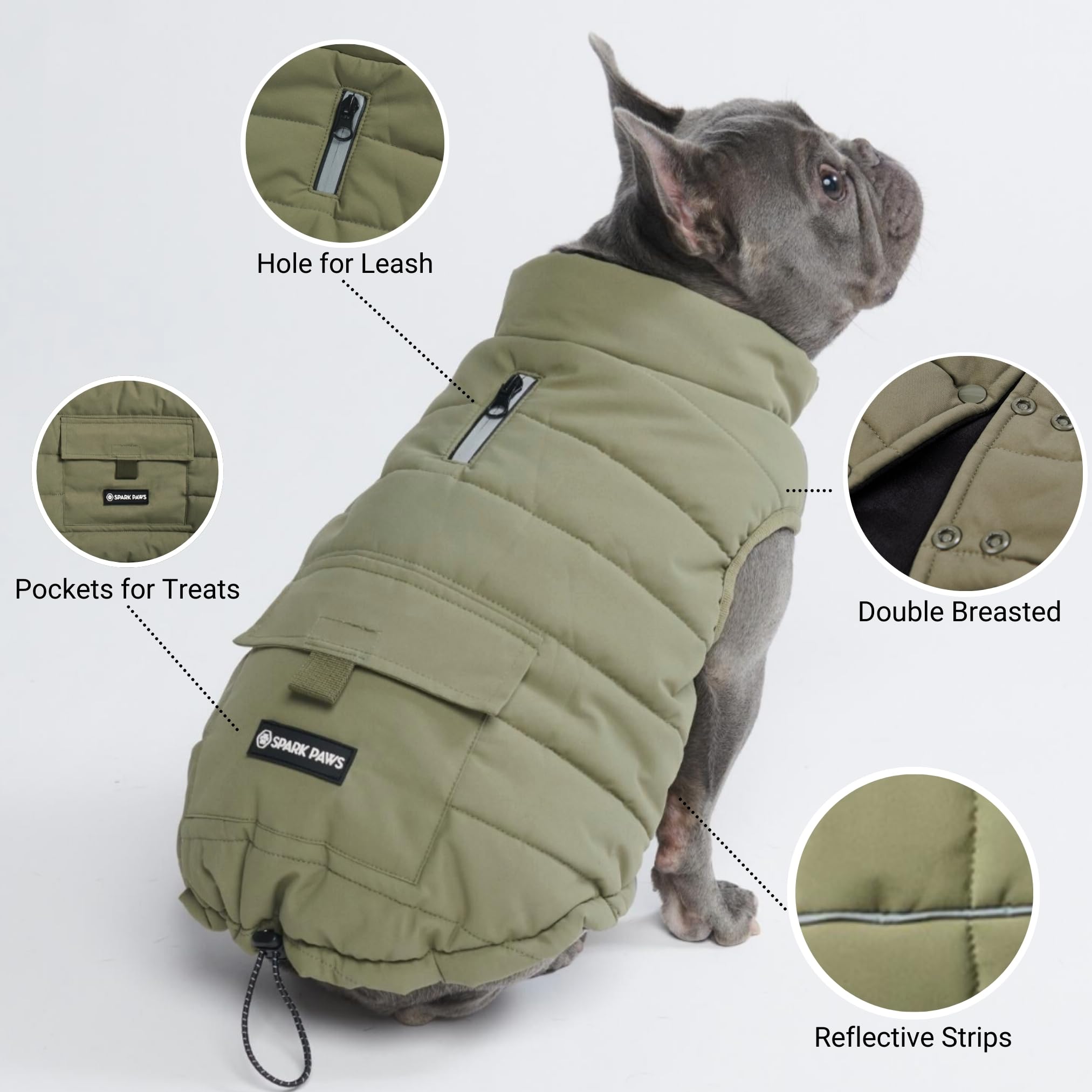 Spark Paws winter jacket olive harness-hole detail supports easy leash attachment.