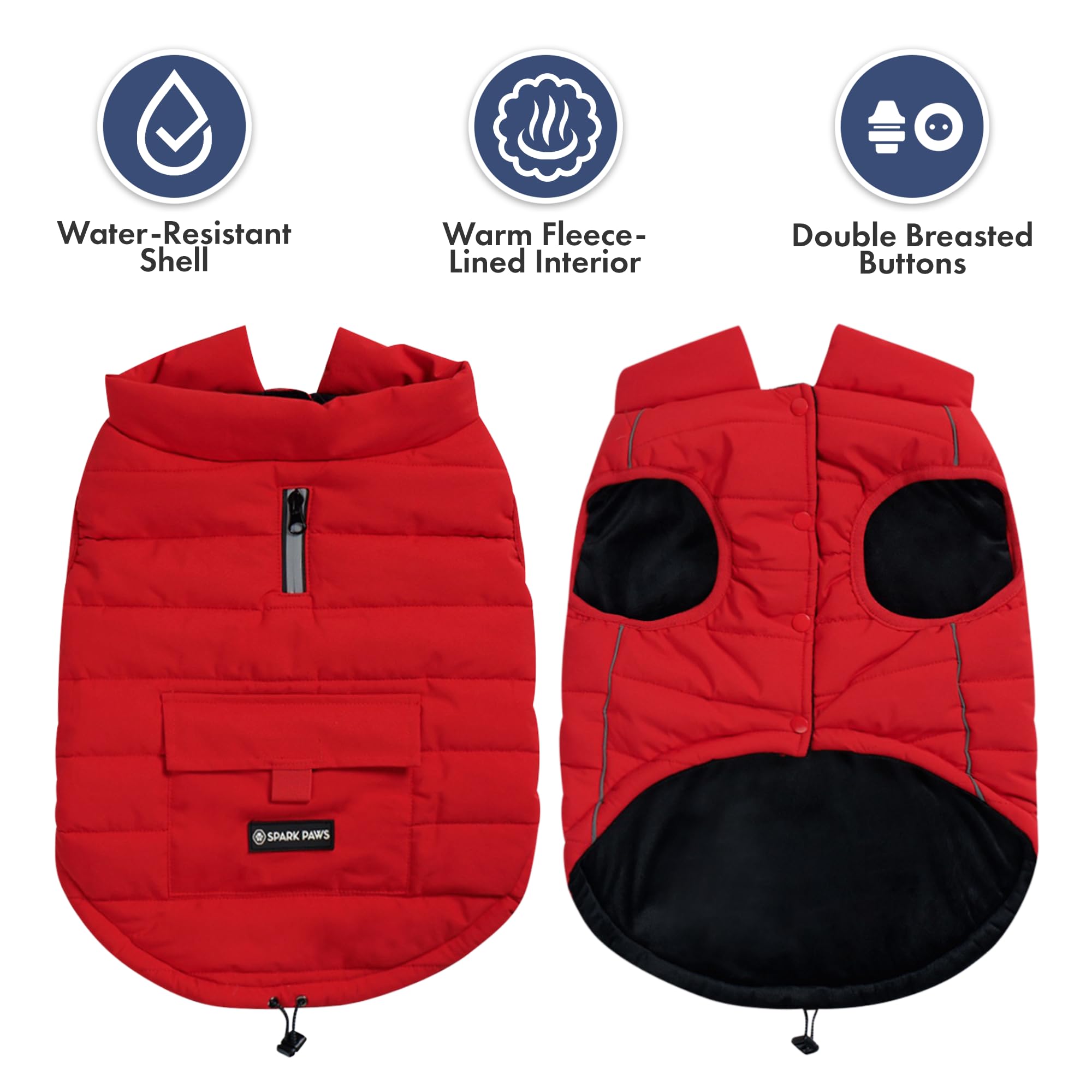 Spark Paws winter jacket side with leash hole demonstrates harness-ready design.
