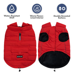 Spark Paws winter jacket side with leash hole demonstrates harness-ready design.