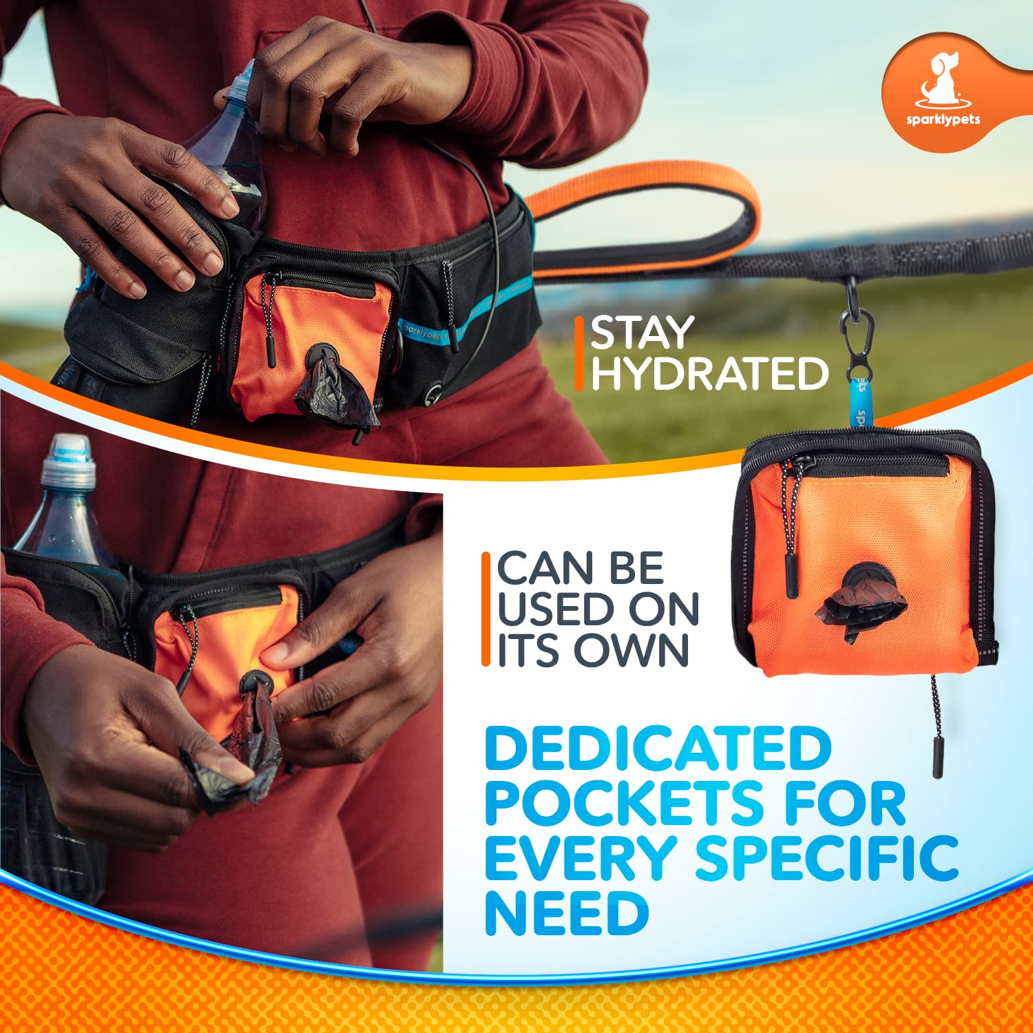 SparklyPets Active Waist Leash phone holder keeps your phone accessible for calls or navigation.