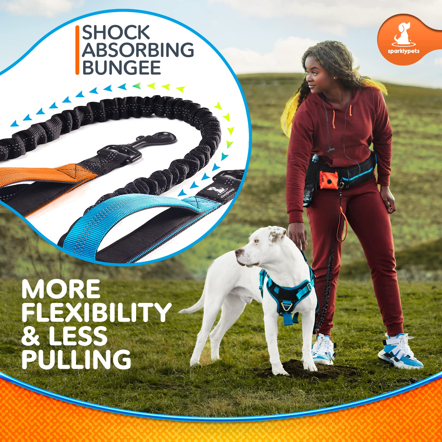 SparklyPets waist leash poop bag pocket makes cleanup quick during walks.