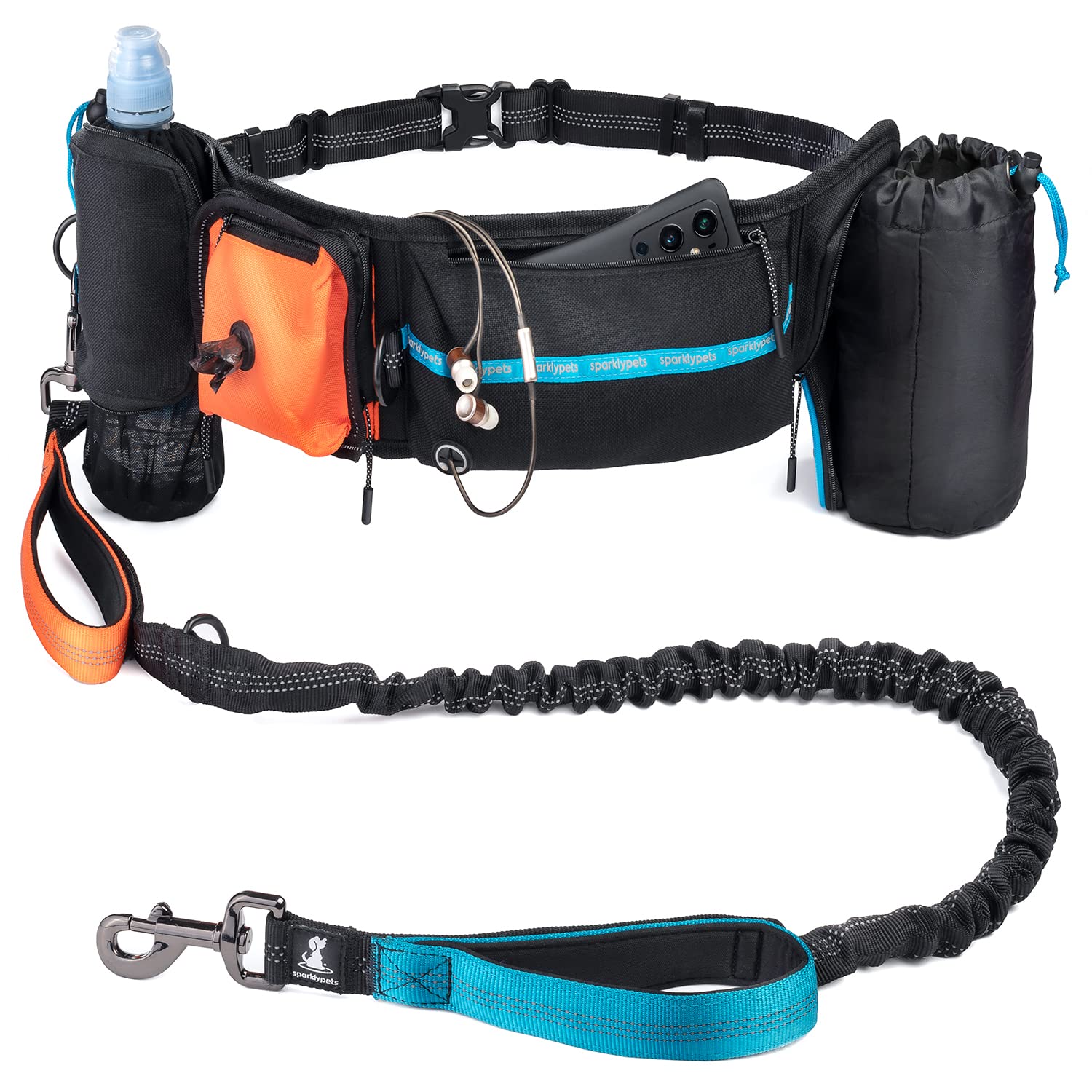SparklyPets Active Waist Leash setup shows hands-free organization for runners.