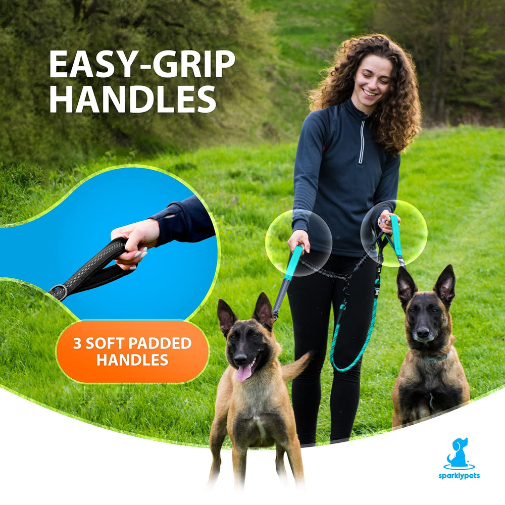 SparklyPets double dog leash teal 360-degree rotation prevents tangles on walks