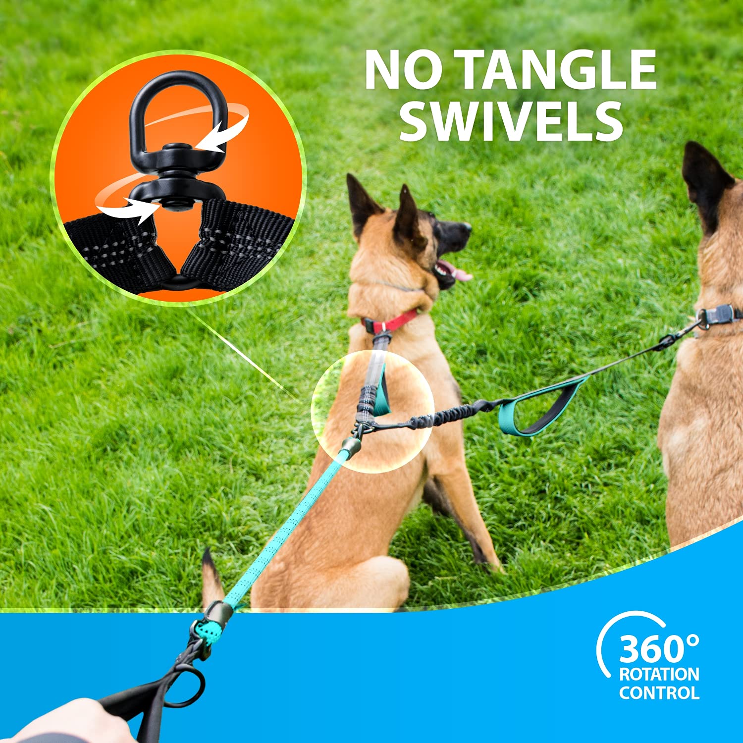 SparklyPets double dog leash teal bungee system reduces wrist strain during strong pulls