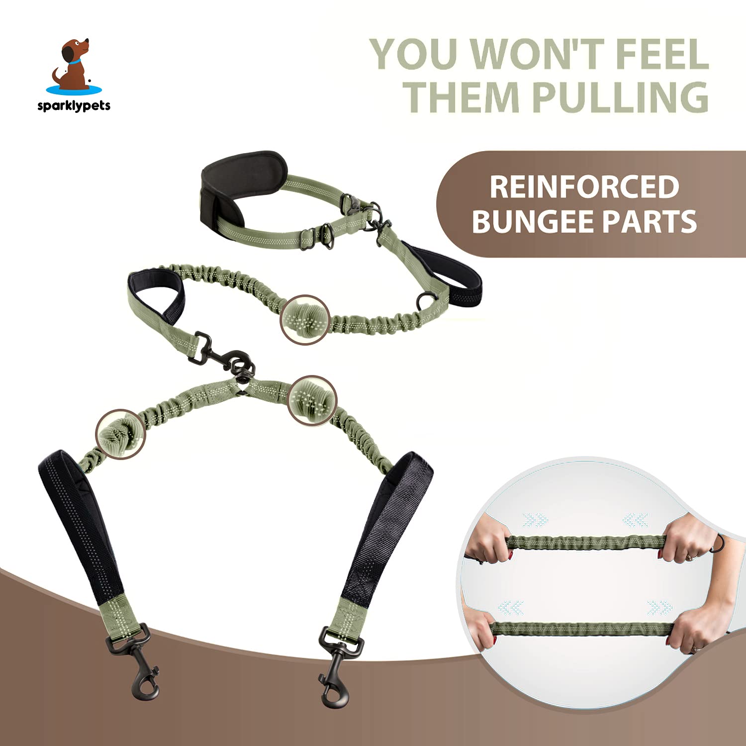 SparklyPets dual-dog leash with four foam-padded handles for comfort.