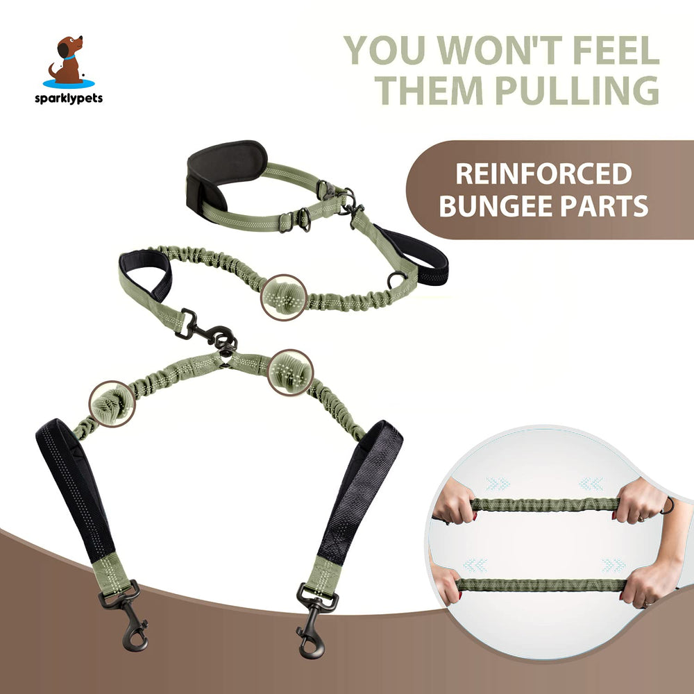 SparklyPets dual-dog leash with four foam-padded handles for comfort.