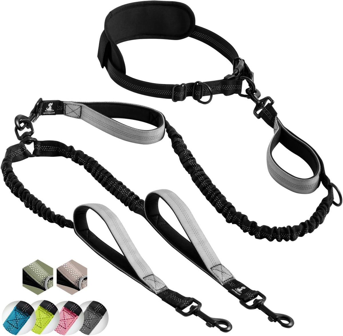 SparklyPets hands-free double dog leash with padded handles offers comfortable control for two dogs.