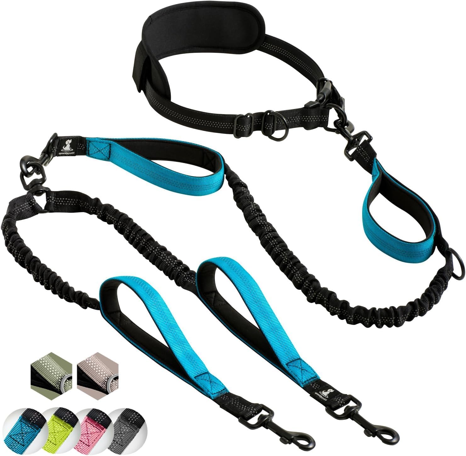 SparklyPets hands-free double leash with padded handles for a comfortable grip.
