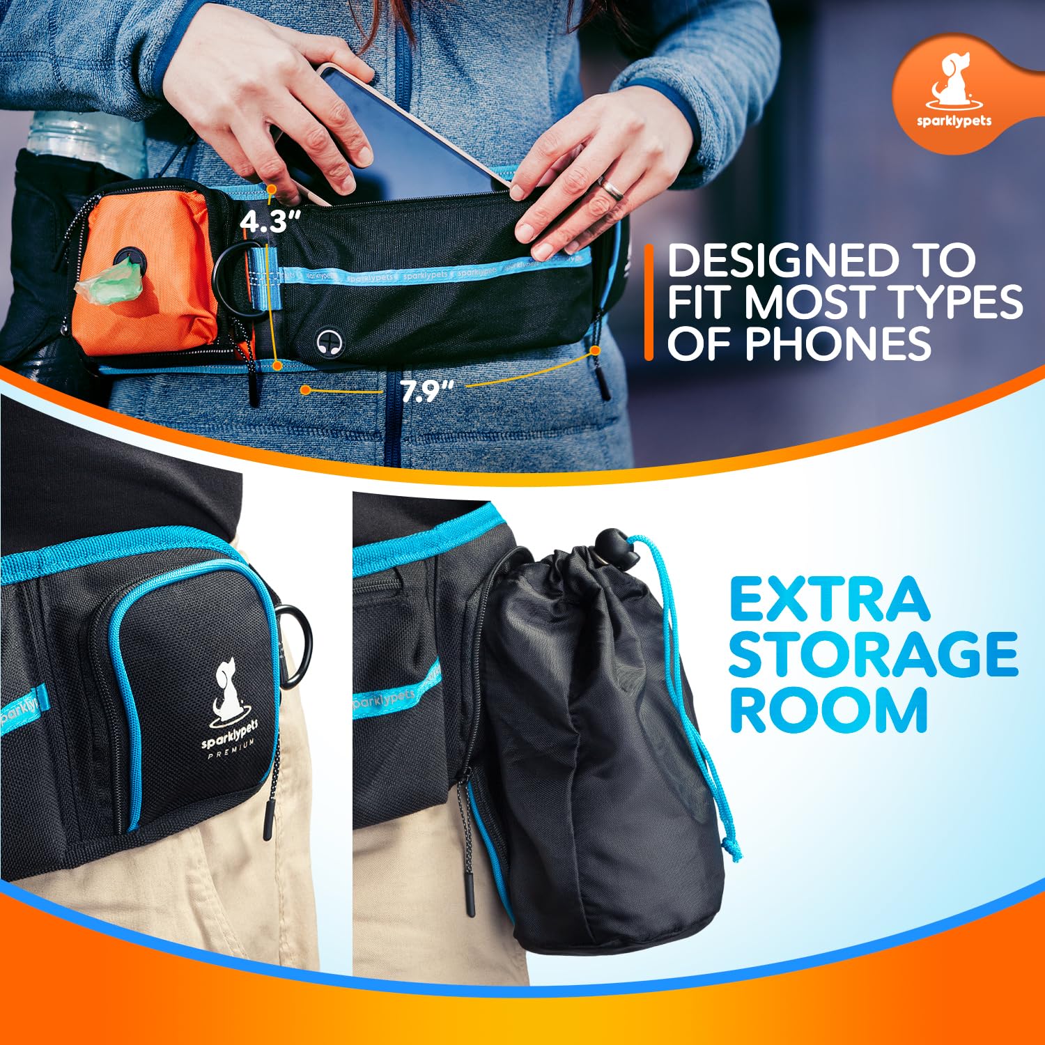 SparklyPets phone pocket closeup highlights convenient storage during walks.