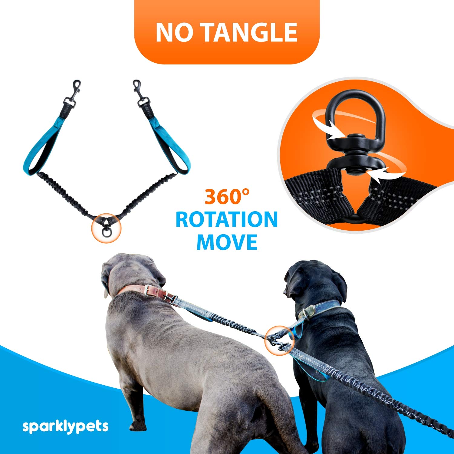 SparklyPets stainless steel clasps securely attach two dogs during a run.